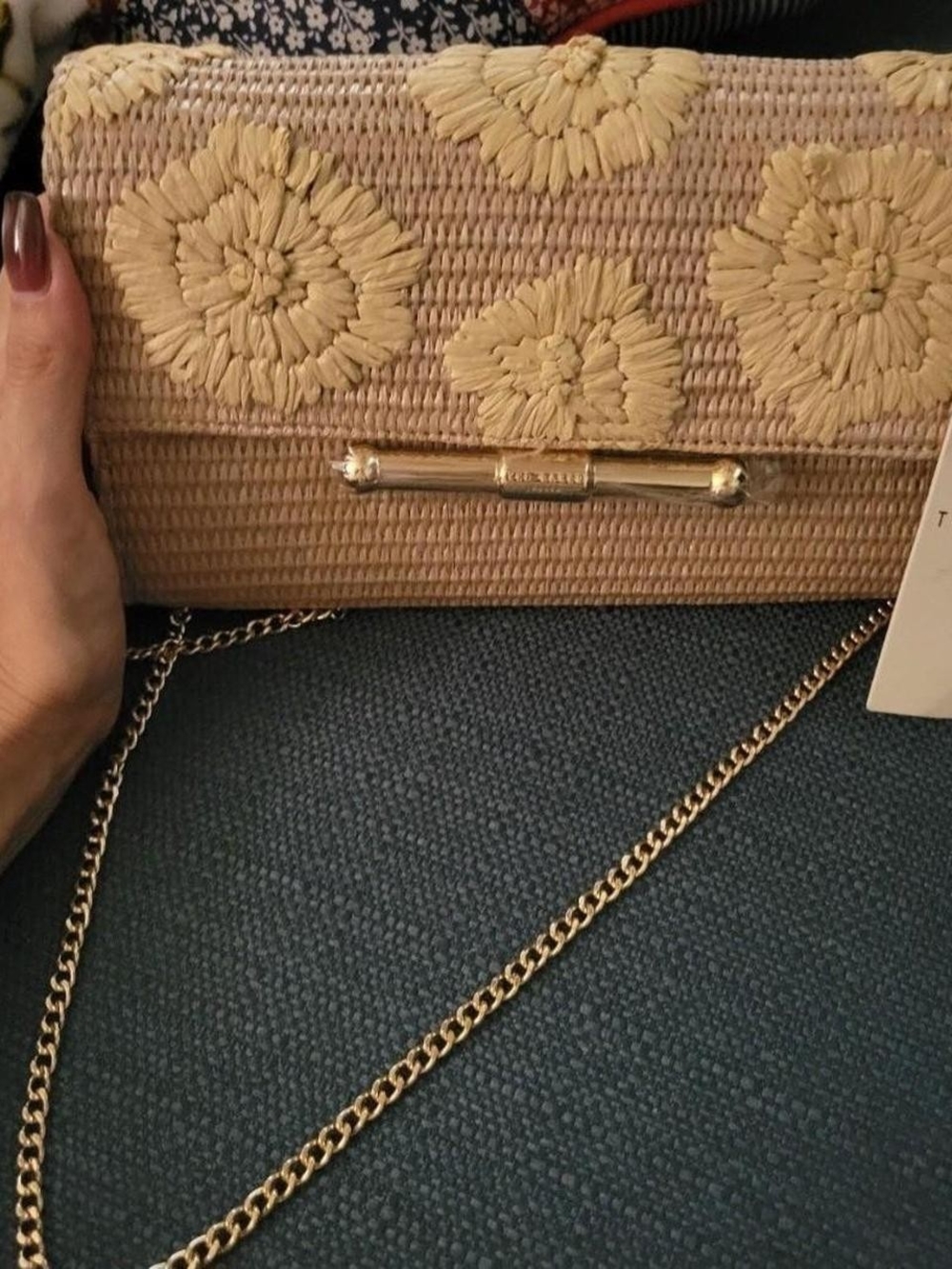 Ted Baker Natural Straw Clutch with Yellow Floral Embroidery